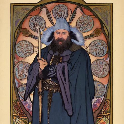 Prompt: portrait of bald, middle-aged Slavic Viking priest wearing thick fur collar and vestments, and standing tall in the blizzard, with fading blue woad tattoos on forehead, head, and cheeks, portrait by Anato Finnstark, Alphonse Mucha, and Greg Rutkowski