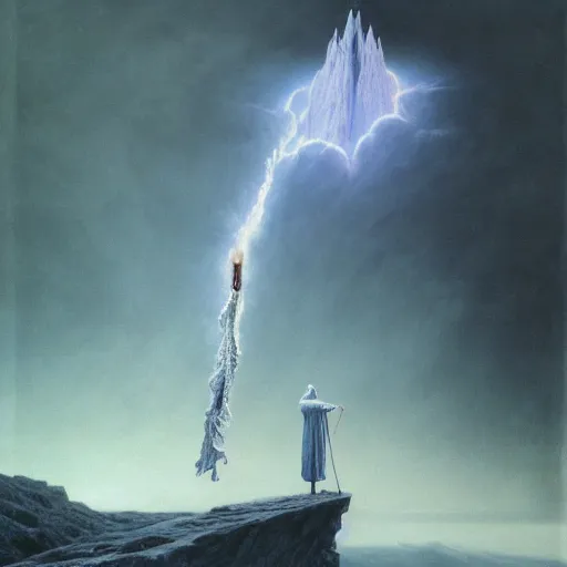 Image similar to The wizard merlin stands with staff on a mountain firing an epic ice beam into a dragon, by Zdzisław Beksiński, trending on artstation, 8k, landscape photo-reality, landscape photo-imagery