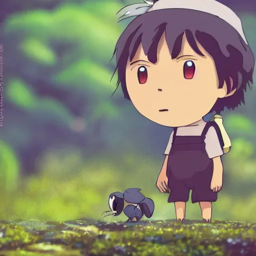 Prompt: friendly guy and small creature , with Fragile looking character made by Studio Ghibli highly detailed art, beautiful scene, focus, smooth, High contrast, depth of field, 8k, clean