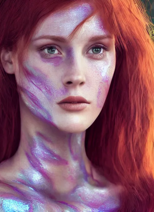 Prompt: beautiful redhead looks like young winona ryder posing in dragon scale bodypaint, hyper realistic digital illustration, hd, intricate, depth of field, soft lighting, elegant, character design