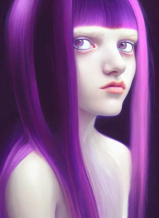 Image similar to hair whitebangs hair, black hair, blackbangswhitehair, portrait of teenage girl with white bangs, red irises, purple clothes, white bangs, bangs are different color from hair, intricate, elegant, glowing lights, highly detailed, digital painting, artstation, concept art, sharp focus, illustration, art by wlop, mars ravelo and greg rutkowski