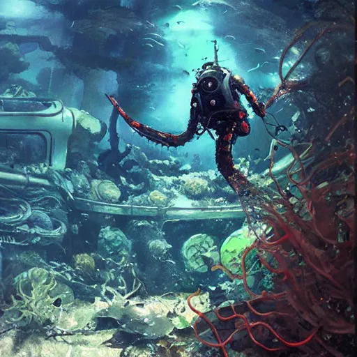 Prompt: diver in an alien aquarium, kelp, coral, solar rays, cyberpunk, realistic, detailed, Industrial Scifi, paint, watercolor, in the style of Ashley Wood and Wadim Kashin