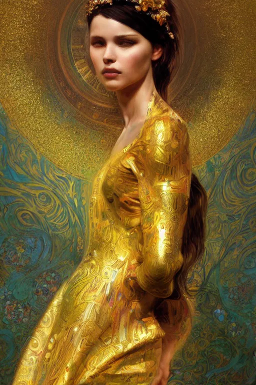 Image similar to an intricate artistic pose painting of a beautiful young girl with an artistic pose with klimt golden motives and textures, hyper detailed, ornamental gold headpiece, octane render, vivid colors, artstation, by jeremy mann, by alphonse mucha, by boris vallejo