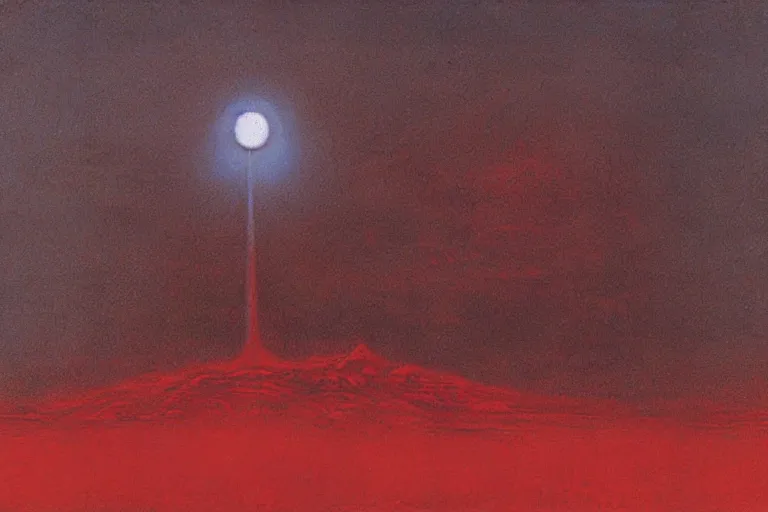 Prompt: a detailed landscape, demonic sky with glowing red snake eyes by Zdzisław Beksiński