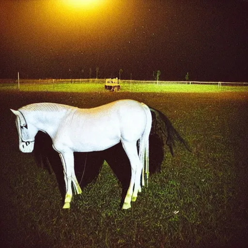 Image similar to “nighttime photograph of scarecrow cowboy and white pony standing in an empty field littered with trash and garbage while fireworks go off in the sky raining glowing burning embers falling from the night sky. Flash photo. 35mm. Cursed image.”