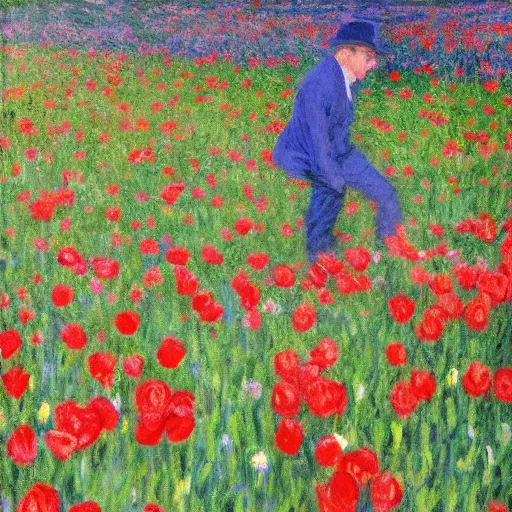 Prompt: Monet painting of Spiderman in a field of roses and tulips, back turned