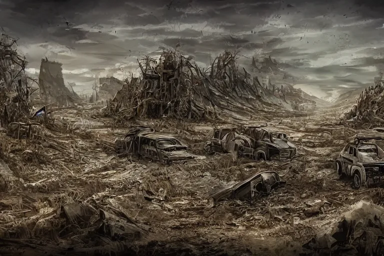 Prompt: a post apocalyptic landscape by boss ross.