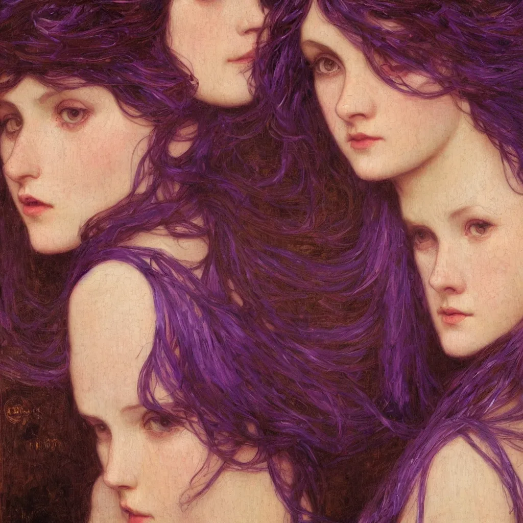 Prompt: purple, character portrait of purple, by waterhouse, by mucha, lean face, symmetrical face, face symmetry, cinematic lighting, beautiful, elegant, oil painting, cinematic, portrait, raphaelite, trending on artstation, intricate background