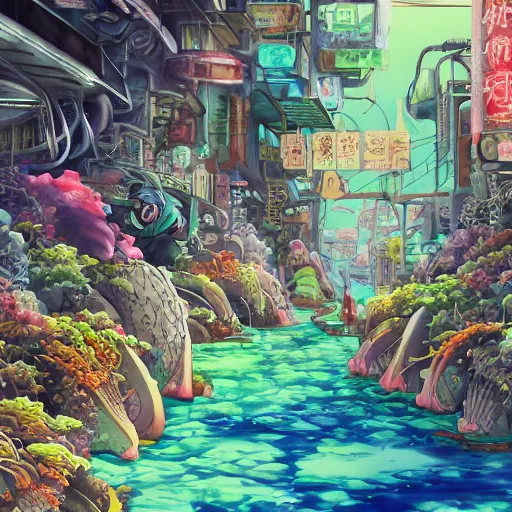 Image similar to painted anime background of undersea slums shopping district built from various sea shells and corals and falling to decay, seaweed, light diffraction, steampunk, cyberpunk, cool colors, caustics, anime, vhs distortion, hazard warning signs, sickly green color palette, barnacles, sea urchins, inspired by splatoon by nintendo, art created by miyazaki