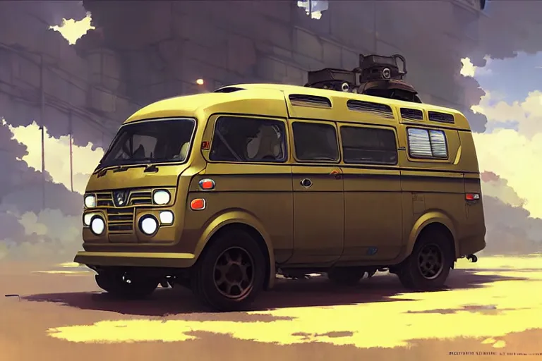 Image similar to dieselpunk honda e kei van, painted by greg rutkowski makoto shinkai takashi takeuchi studio ghibli, akihiko yoshida