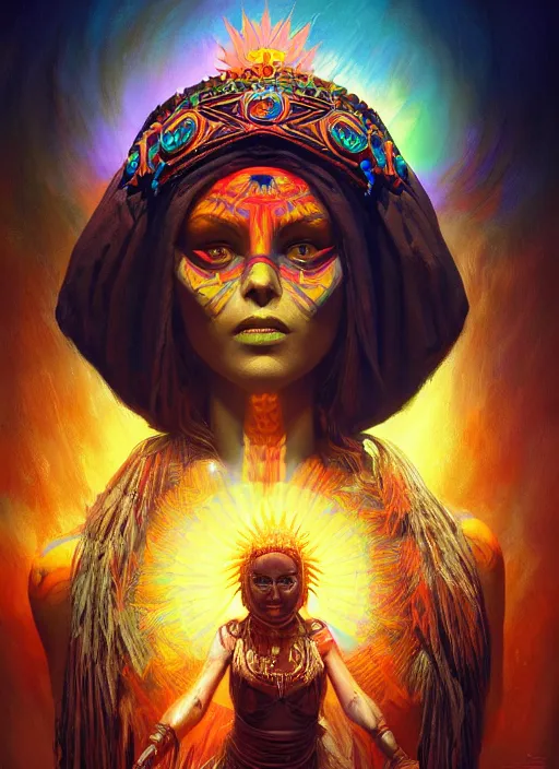 Image similar to aztec sun goddess, vivid colors, dark shadows, contrast, concept art, sharp focus, digital art, Hyper-realistic, 4K, Unreal Engine, Highly Detailed, Dramatic Lighting, Beautiful, by Brom, bastien lecouffe-deharme