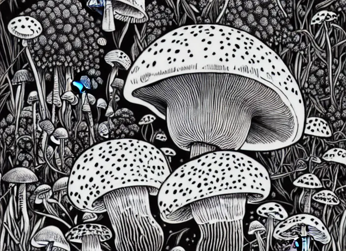 Prompt: a painting of toxic mushroom surrounded by a lot of beautiful flowers and exotic plants, a detailed painting by naranbaatar ganbold and james jean, behance contest winner, space art, ultrafine detailed painting, biomorphic, black and white, line art, top view