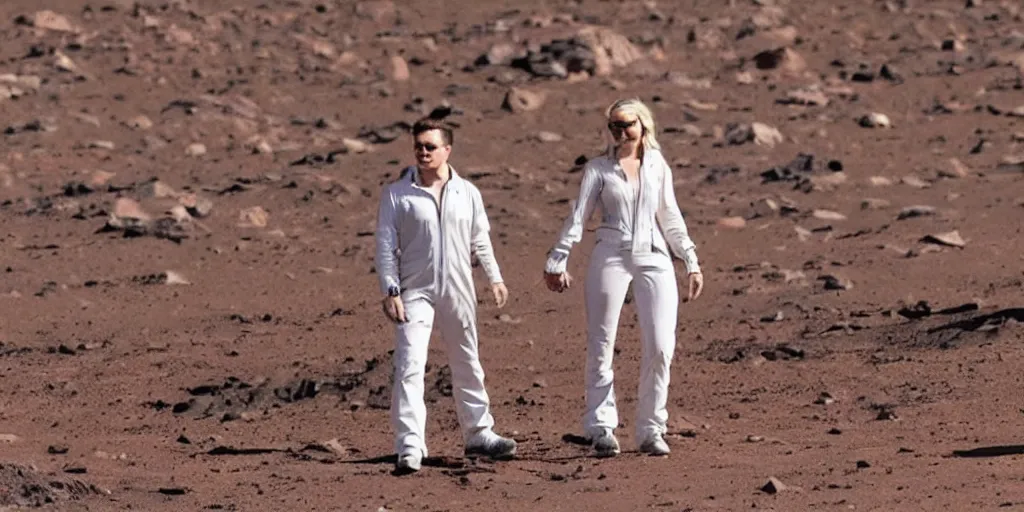 Image similar to elon musk and margot robbie holding hands on mars, highly detailed, hyper realistic