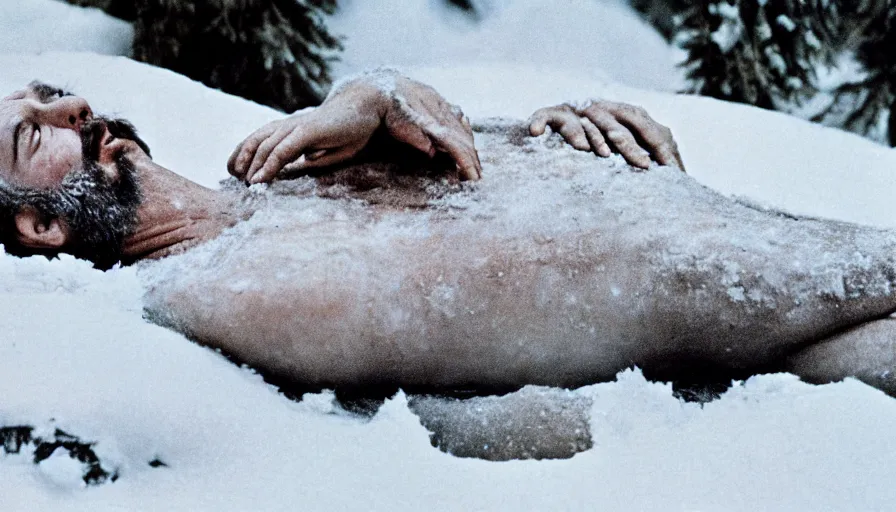 Image similar to 1 9 6 0 s movie still close up of marcus aurelius ill frozen to death under the snow by the side of a river with gravel, pine forests, cinestill 8 0 0 t 3 5 mm, high quality, heavy grain, high detail, texture, dramatic light, anamorphic, hyperrealistic, detailed hair, bright sun