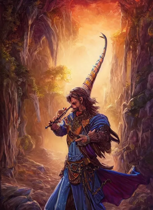 Prompt: bard playing flute, ultra detailed fantasy, dndbeyond, bright, colourful, realistic, dnd character portrait, full body, pathfinder, pinterest, art by ralph horsley, dnd, rpg, lotr game design fanart by concept art, behance hd, artstation, deviantart, hdr render in unreal engine 5