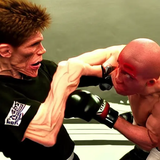 Image similar to willem dafoe versus jerma 9 8 5 fighting in a mixed martial arts game, 4 k, dramatic, blood, intense, realistic, full body