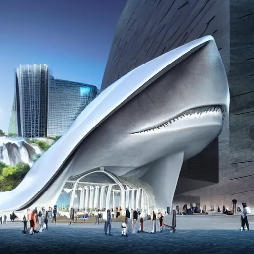 Prompt: shark museum concept art architectural design by zaha hadid located on vegas strip with architectural waterfall