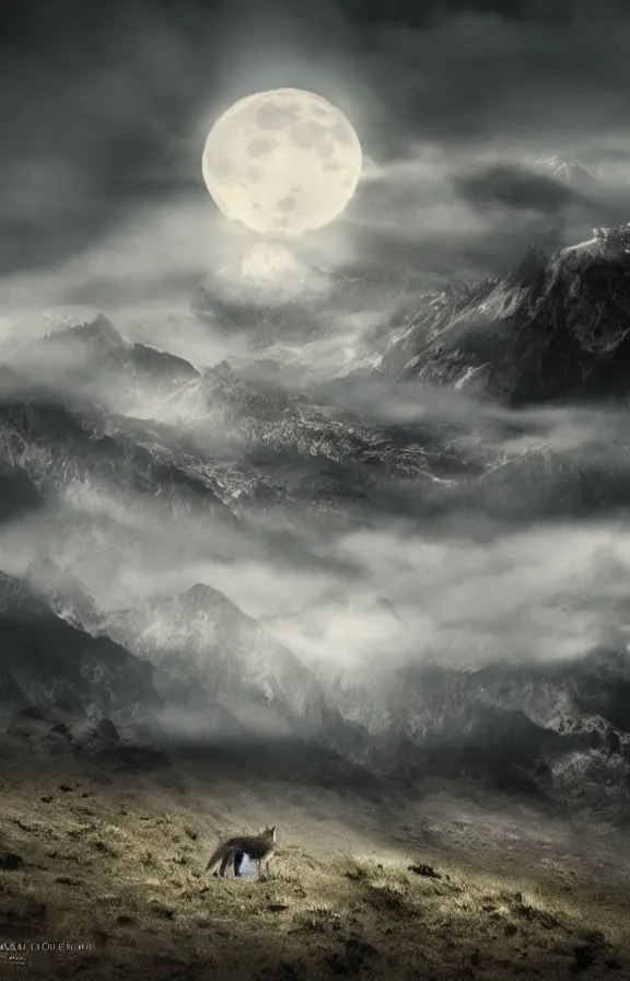 Image similar to a photograph of a wolf at full moon in a mountainous environment, full moon with fog and clouds, concept art, epic lighting, cinematographic