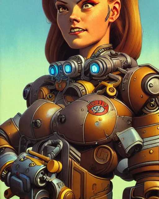 Image similar to brigitte from overwatch, character portrait, portrait, close up, concept art, intricate details, highly detailed, vintage sci - fi poster, retro future, in the style of chris foss, rodger dean, moebius, michael whelan, and gustave dore