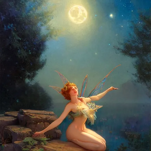Image similar to attractive fairy magically floating high in the night, fantasy, full moon in background. highly detailed painting by gaston bussiere, craig mullins, j. c. leyendecker, mid shot, 8 k realistic, cryengine, frostbite 3 engine, sharp focus