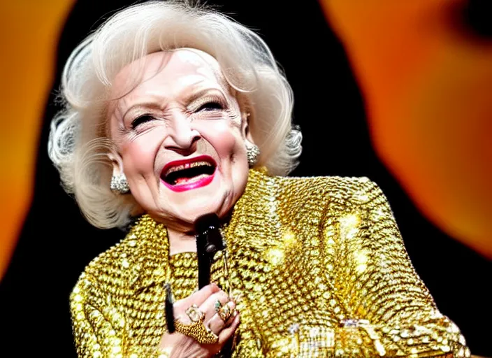 Image similar to publicity photo still of betty white as a gangsta rapper covered in gold chains, with grills in teeth and wearing a jumpsuit live on stage, 8 k, live concert lighting, mid shot