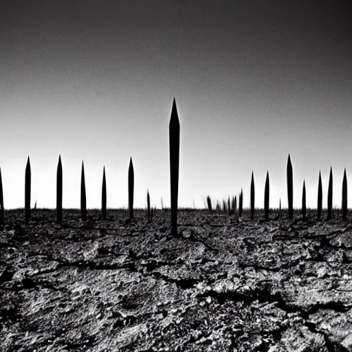 Image similar to radioactive spike field, monolithic granite spikes, one lone person standing in front of the spikes, creepy monotone black and white lighting, post nuclear fallout, desolate, no life, high resolution, old photo,