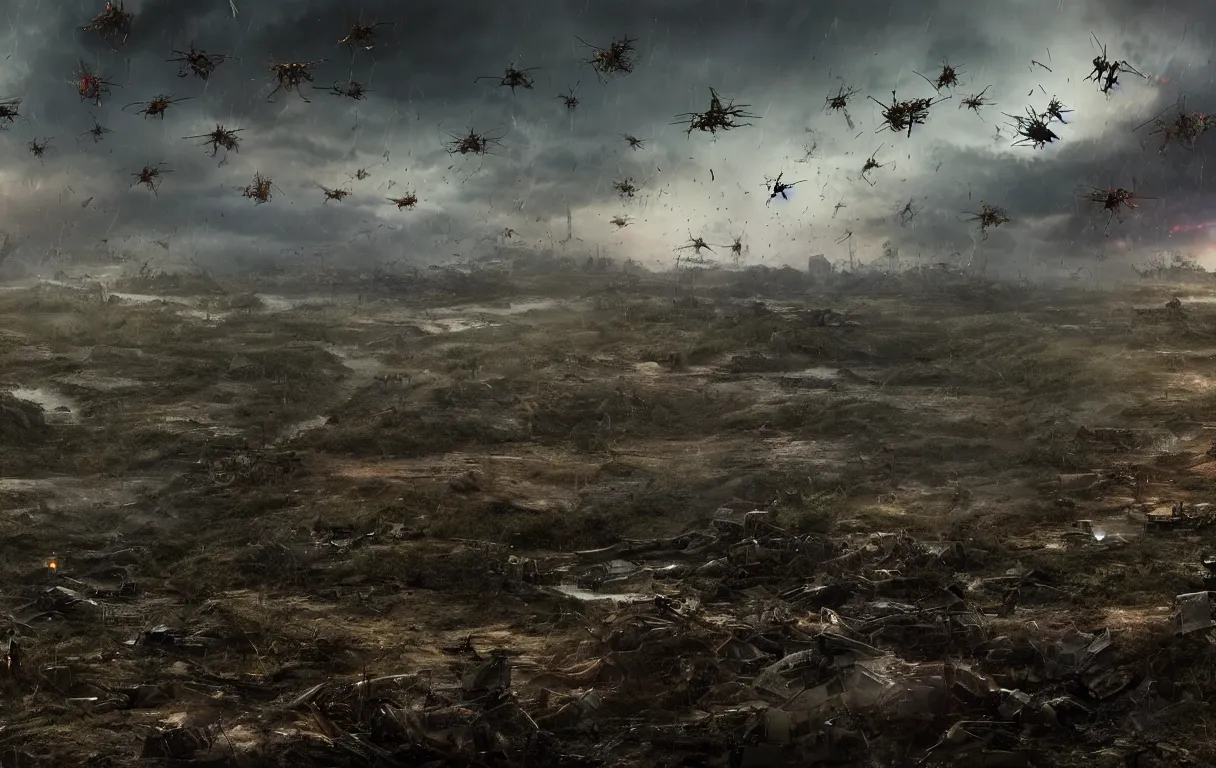 Prompt: view on wide battleground destructed landscape, with army of monstrous insects fighting futuristic human army, night, heavy rain, reflections, render and lighting by weta digital, ilm and digital domain