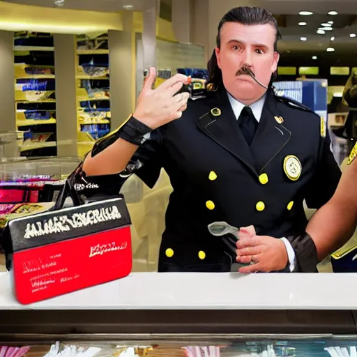 Prompt: weird al yankovich mall cop finds counterfeit good and sniffs vanilla seeds, photograph, news report