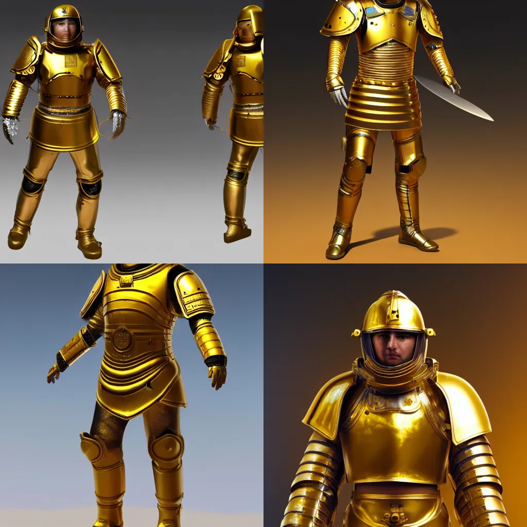 Prompt: a roman legionary centurion shiny metallic semi golden space armor, concept art of a futuristic space crusader, octane render 8 k highly super realistic.