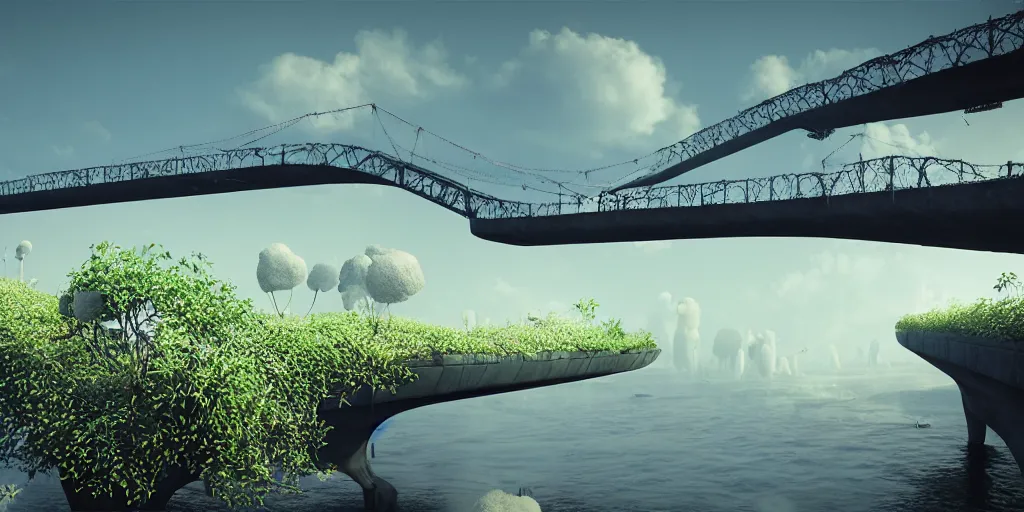 Prompt: a big bridge destroyed by cotton plants, 3 d octane render, epic lighting, 8 k, by goro fujita