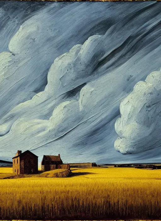 Prompt: Oil painting - An abondoned farmhouse with wheat field - the wheat field is splotched by mold - by Lucian Freud and Jenny Saville, Abstract brush strokes, Masterpiece, Edward Hopper and James Gilleard, Zdzislaw Beksinski, Mark Ryden, Wolfgang Lettl highly detailed, hints of Yayoi Kasuma