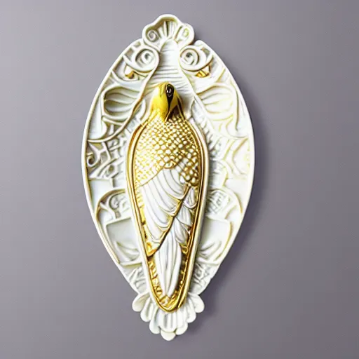 Image similar to gorgeous ornated snow white porcelain realistic detailed sacred falcon wall decoration with golden filigree carved out of ivory