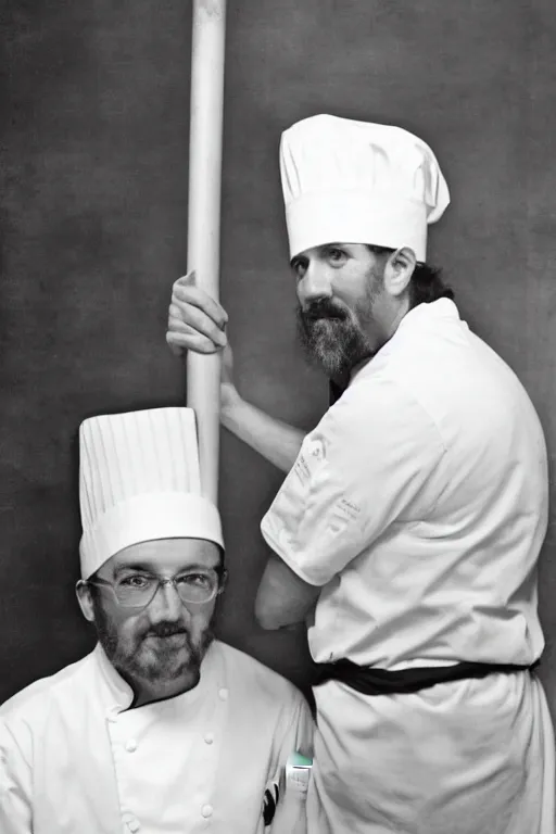 Image similar to A chef with a chef's hat taller than him, Ansel Adams