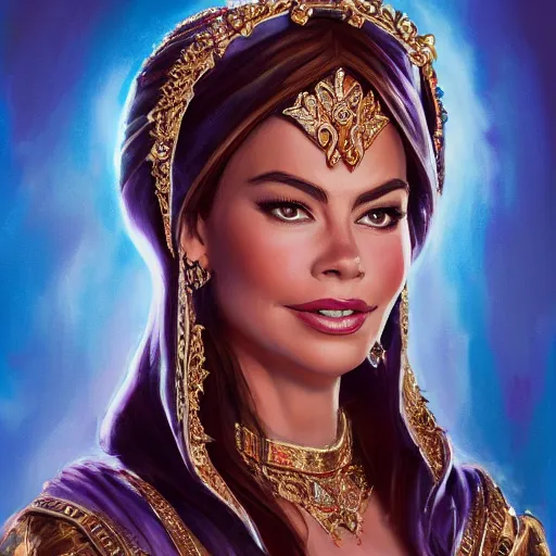 Image similar to a portrait of sofia vergara as an arabian princess in a disney movie, crown!! oil painting, pale colors, high detail, 8 k, wide angle, trending on artstation,