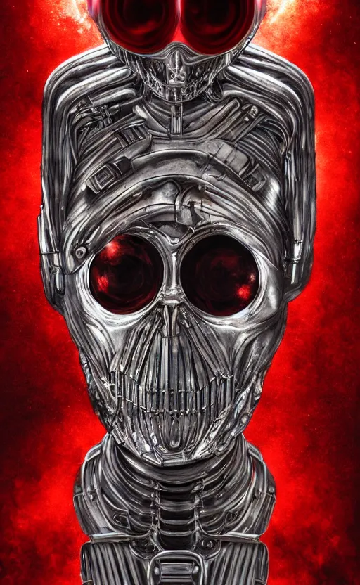 Image similar to full body portrait of chrome terminator, glowing red eyes, by wayne barlow, stanley donwood, anton semenov, zdzislaw bekinski, hr giger, 8 k, fantasy, dark, highly detailed