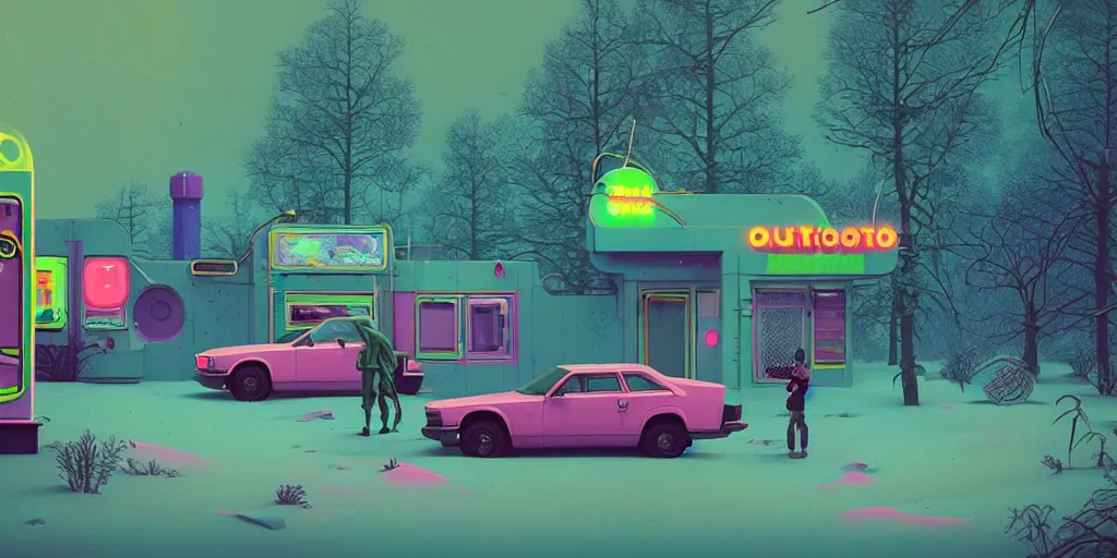 Image similar to 80s outdoor retro arcade, 80s color scheme, retro, pastel colors, desolate, lush vegetation, snow, moody:: by Simon Stålenhag and beeple and James Gilleard and Justin Gerard :: ornate, dynamic, particulate, intricate, elegant, highly detailed, centered, artstation, smooth, sharp focus, octane render, 3d