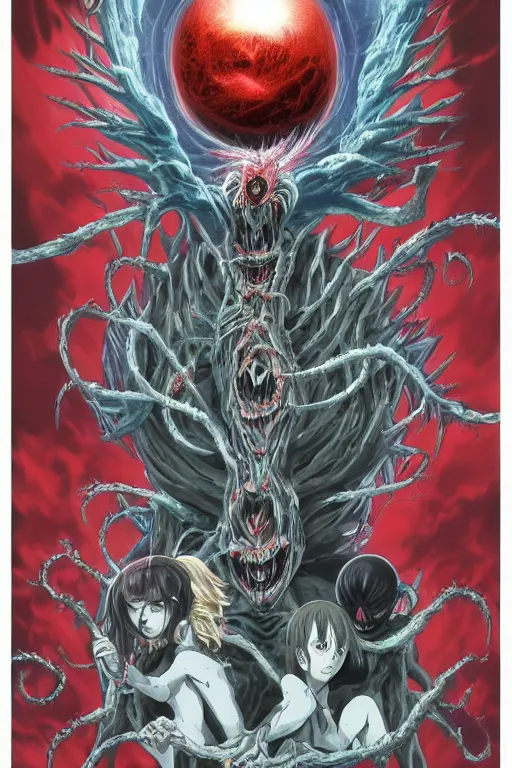 Image similar to Anime Character ryuk in the center giygas epcotinside a space station eye of providence Beksinski Finnian vivid HR Giger to eye hellscape mind character Environmental