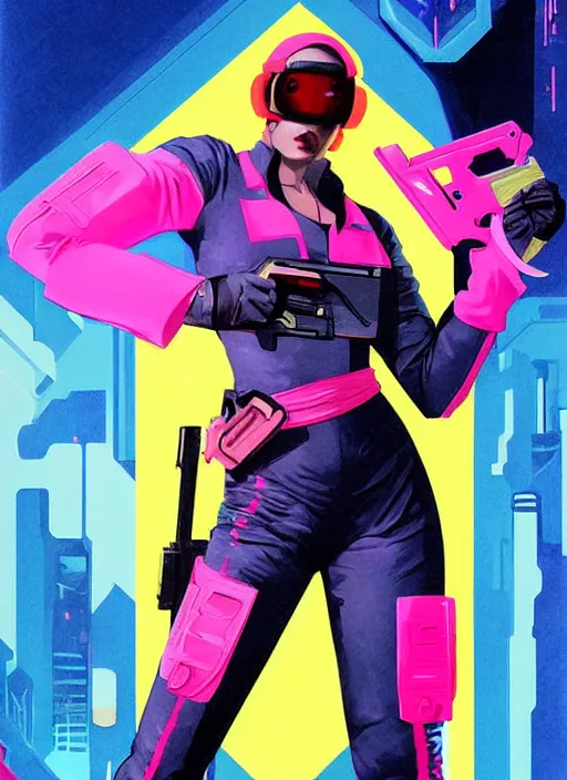 Image similar to beautiful cyberpunk female athlete wearing pink jumpsuit and firing a futuristic yellow belt fed automatic pistol. poster for pistol. cyberpunk ad poster by james gurney, azamat khairov, and alphonso mucha. artstationhq. gorgeous face. painting with vivid color, cell shading. buy now! ( rb 6 s, cyberpunk 2 0 7 7 )