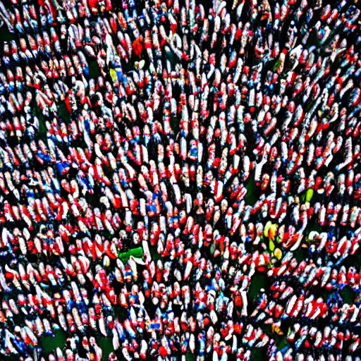 Image similar to hyperrealistic photography of highly detailed where's wally? by martin handford wiew from above