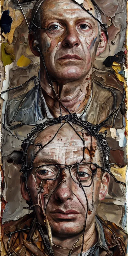 Prompt: a full length portrait of a very ordinary middle-aged man with a terrified expression, Anselm Kiefer and Lucian Freud and Jenny Saville, oil painting, rust, Scaffolding, rusted metal and sunflowers, iron cladding, decay, mixed media, textured, anatomically correct, beautiful perfect face, visible brushstrokes, sharp focus, twisted wire, Highly Detailed, nails, photographic emulsion cracked and peeling, Cinematic Lighting, 8k, HD