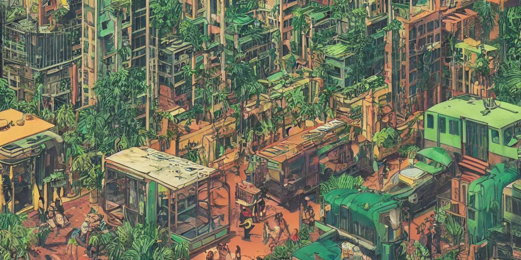 Image similar to full page comic book drawings of desolate city scenes urban jungle zoo on a hot summer evening, tropical color palette, by carel willink and gregory crewdson, moebious, jean giraud, comic book panels, octane render