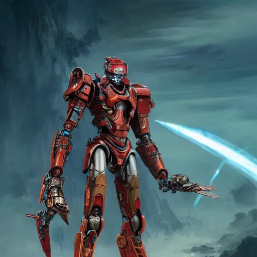 Image similar to pacific rim robot wearing shiny blood red armor holding a sword standing in the sea, full body image, steam punk, sci-fi, extremely detailed digital painting, in the style of Fenghua Zhong and Ruan Jia and Jermy lipking and peter mohrbacher, mystic colors, highly detailed, deep aesthetic, 8k, highly ornate intricate details, cinematic lighting, rich colors, digital artwork, ray tracing, hyperrealistic, photorealistic, cinematic landscape, trending on artstation,