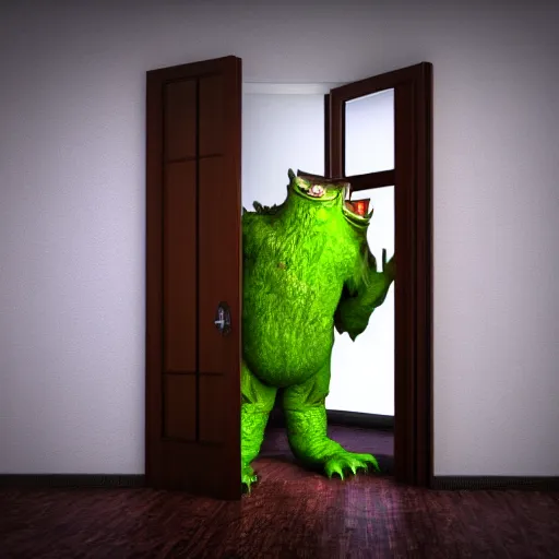 Image similar to photography, 3 d render, monster, open door, water in the window