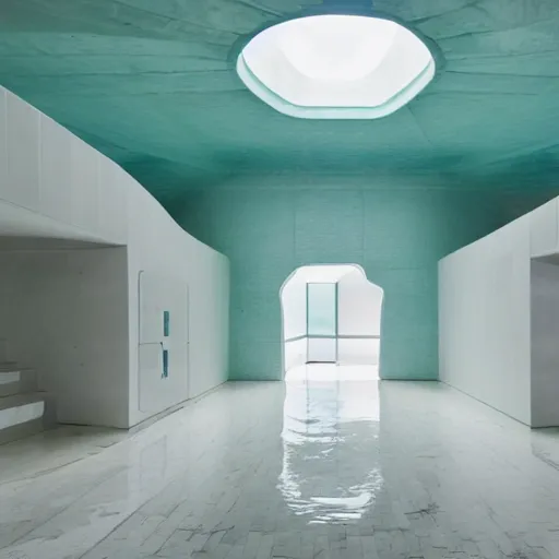 Image similar to a large room with surreal minimalist architecture, partially flooded by blue green water, liminal space, made of all white ceramic tiles, surreal, curving hallways, rounded ceiling, stairs,