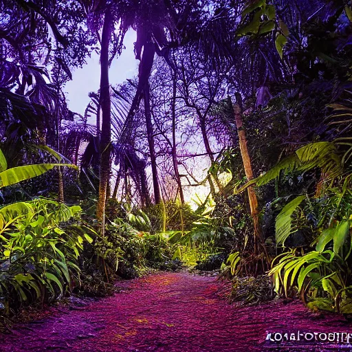 Image similar to an enchanted forest full of beautiful tropical flowers, with a sunset, by alex horley, bokeh photography, amaranth colour