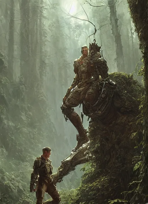 Image similar to a handsome male sci-fi solider exploring a magical rain forest, D&D, fantasy, intricate, cinematic lighting, highly detailed, digital painting, artstation, concept art, smooth, sharp focus, illustration, art by Terry Moore and Greg Rutkowski and Alphonse Mucha