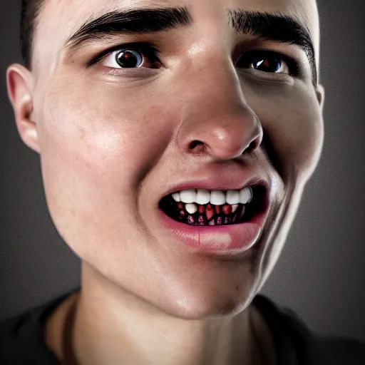 Image similar to headshot portrait of person holding hyperrealistic human eye in mouth, hyperrealistic, extreme detail, ray tracing, octane render