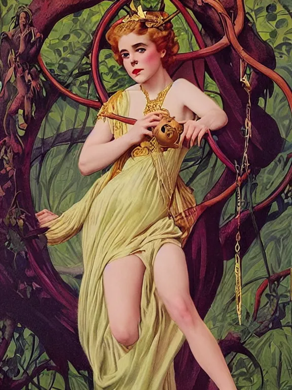 Prompt: kiernan shipka as the goddess Lilith mother of witches and vampires, a beautiful art nouveau portrait by Gil elvgren, moonlit lush jungle garden of Eden environment, centered composition, defined features, golden ratio, intricate gold jewlery