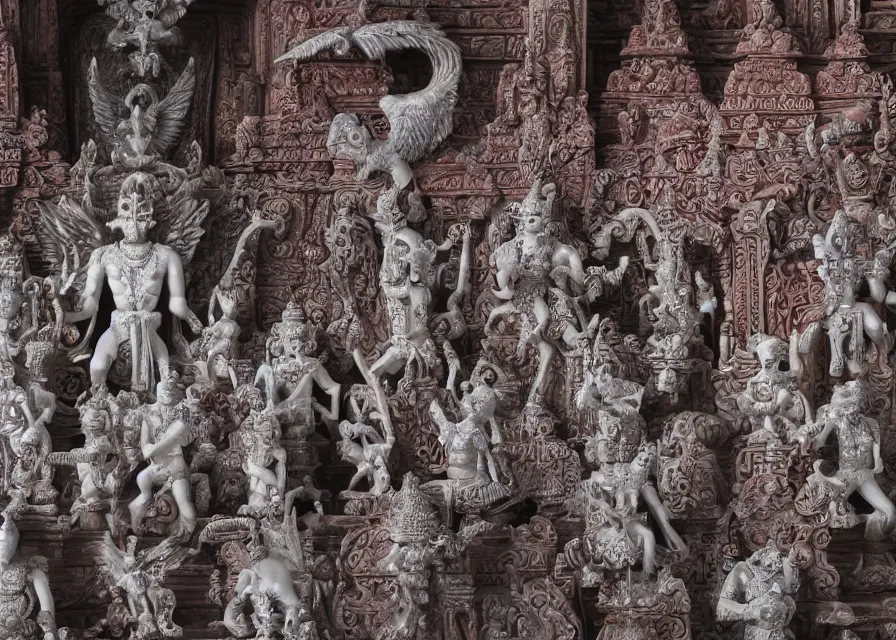 Image similar to blood temple, hindu ornaments, baphomet statue at the center surrounded by angel statues, film still, 4 k, symmetry, award - winning photography, 1 2 0 mm