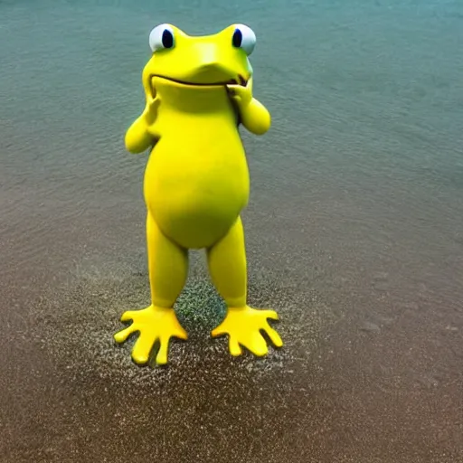 Image similar to anthropomorphic frog urinating into yellow ocean